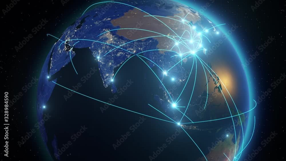 Earth connections. From Asia. Aerial, maritime, ground routes and country borders. Animation of the Earth with bright connections