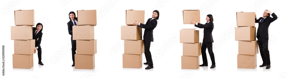 Funny man with boxes on white Funny man with boxes on white