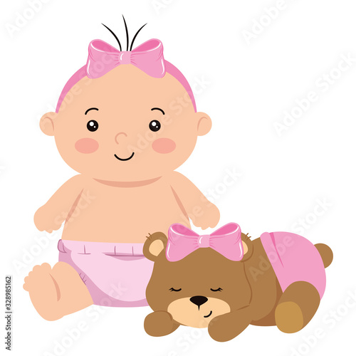 cute little baby girl with teddy bear vector illustration design