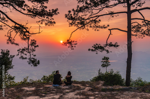 Beautiful sunrise  on the high mountain in Phu-kra-dueng national park Loei province  Thailand.