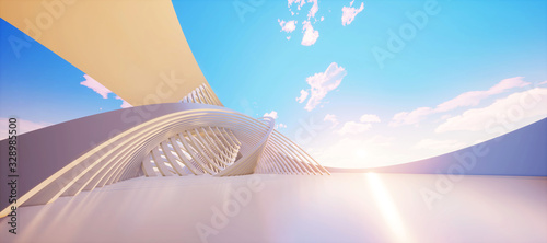 Colorful abstract panoramic background: geometric white ring. ( Car backplate, 3D rendering computer digitally generated illustration.)