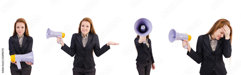 Woman with loudspeaker isolated on the white Woman with loudspeaker isolated on the white