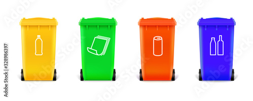 Realistic multi colored trash cans isolated on white background. Trash cans with icons for sorting types of garbage. Vector 3d illustration