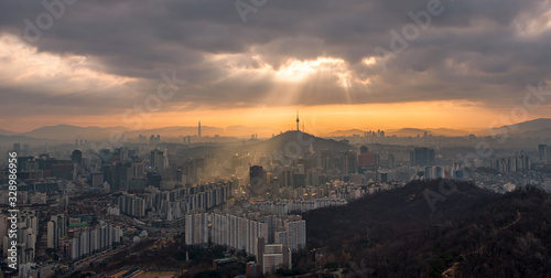 View of Seoul City Skyline and Seoul Tower at Sunrise South Korea © kampon