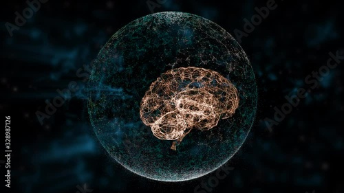 Intellectual property concept. Animated brain floating inside protection sphere over dark background with green blurred plexus.