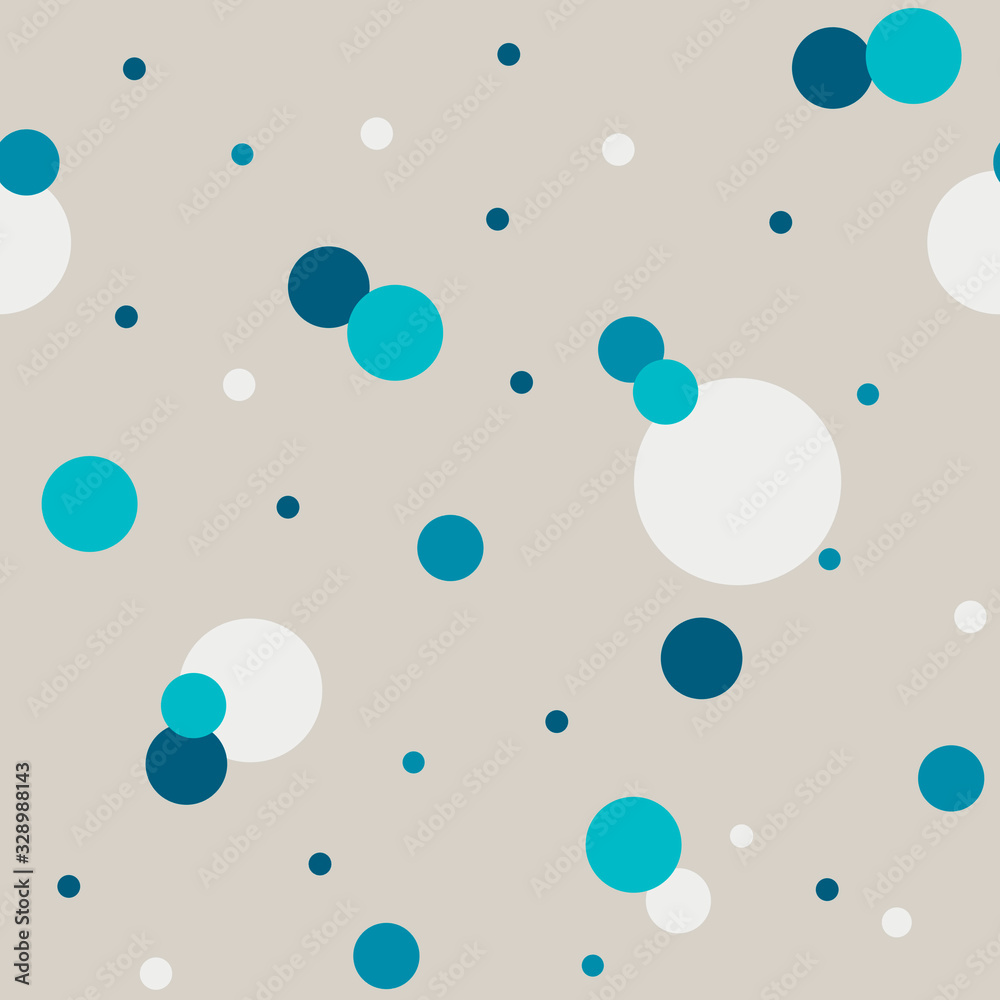 Abstract calm polka dot seamless pattern. Blue circles of different shapes, shades, sizes on a light gray background. Sketch illustration for prints of fabric, packaging, textile products, bedding.