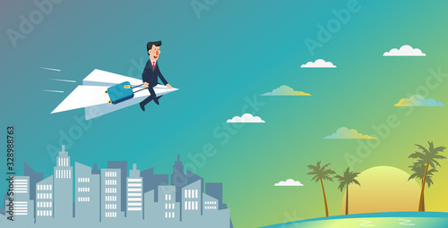 Businessman flies towards the beach on a paper plane. Business people vacation concept. Holidays time, recreation and travel vector design