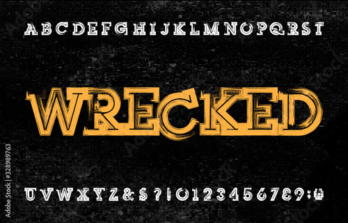 Wrecked alphabet font. Grunge uppercase letters and numbers. Halftone background. Vector typescript for your typography design.