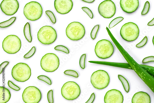 Closeup fresh organic aloe vera and cucumber slice pattern texture for background. top view. 
