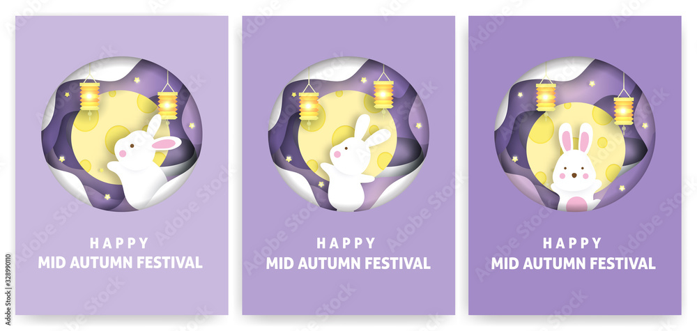 Set of Mid autumn festival cards with cute rabbits and the moon in paper cut style.