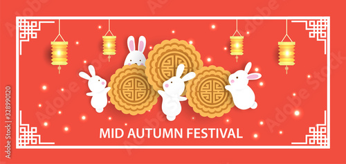 mid autumn festival  banner with cute rabbits and moon cakes .
