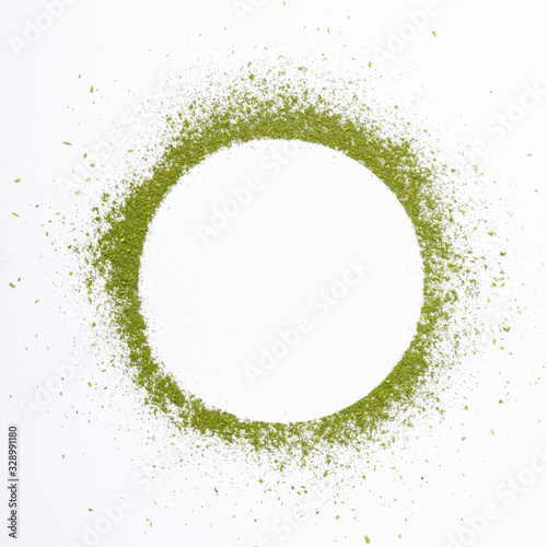 Heap of matcha green tea powder isolated on white background creative flat lay, Organic product from the nature for healthy with traditional style