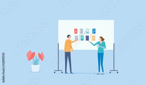 Flat vector group business team meeting and project brainstorming process concept