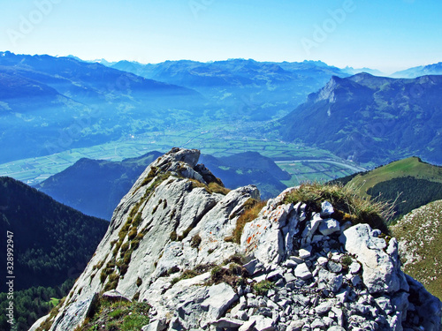 View of the river Rhine Valley in the Bündner Herrschaft (Buendner Herrschaft) region and next to the state of Liechtenstein , Mainfeld - Canton of Grisons (Graubünden or Graubuenden), Switzerland photo