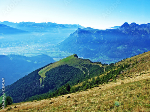 View of the river Rhine Valley in the Bündner Herrschaft (Buendner Herrschaft) region and next to the state of Liechtenstein , Mainfeld - Canton of Grisons (Graubünden or Graubuenden), Switzerland photo