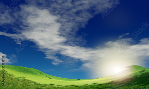 Blue sky and beautiful cloud with meadow and sunshine. Plain landscape background for summer poster. The best view for holiday. picture of green grass field and blue sky with white clouds. 3D Renderin