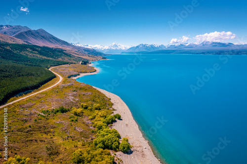 Landscaping view of coastal road along  Lake Pukaki, South Island, New Zealand