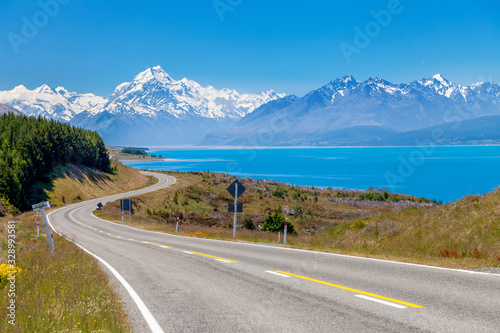 Scenic drive along Lake Pukaki coastline to Mt Cook trail head, New Zealand