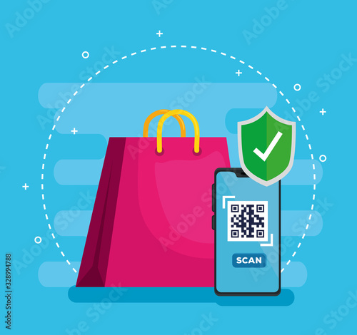 scan qr code with smartphone and bag shopping vector illustration design