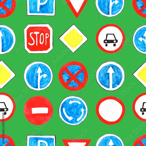 vector seamless pattern, hand-drawn watercolor road signs, traffic rules on green background