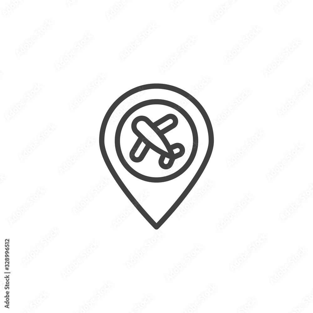 Airline travel line icon. Airport location pin linear style sign for mobile concept and web design. Airplane map marker outline vector icon. Symbol, logo illustration. Vector graphics Airline travel line icon. Airport location pin linear style sign for mobile concept and web design. Airplane map marker outline vector icon. Symbol, logo illustration. Vector graphics