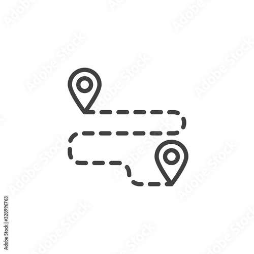 Travel Route, distance line icon. linear style sign for mobile concept and web design. Two map pins position outline vector icon. Symbol, logo illustration. Vector graphics