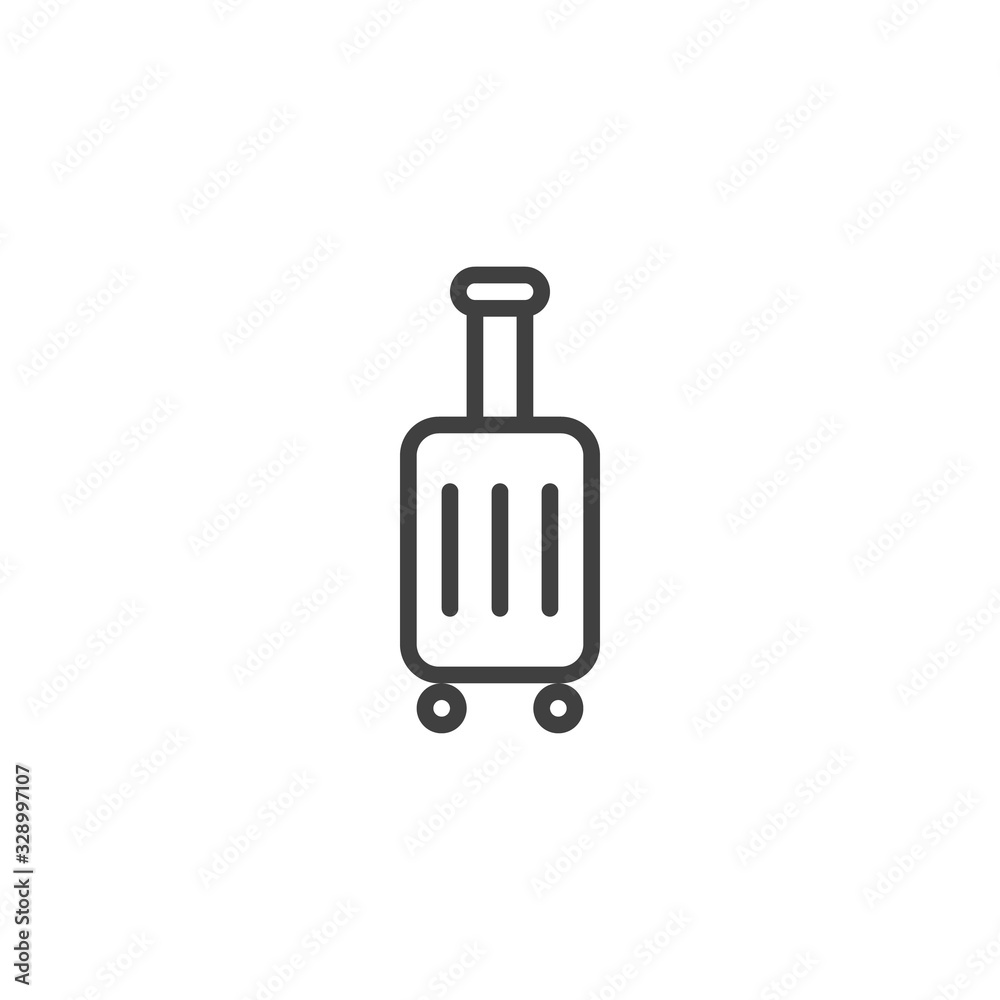 Luggage on wheels line icon. Baggage linear style sign for mobile concept and web design. Travel bag outline vector icon. Symbol, logo illustration. Vector graphics Luggage on wheels line icon. Baggage linear style sign for mobile concept and web design. Travel bag outline vector icon. Symbol, logo illustration. Vector graphics