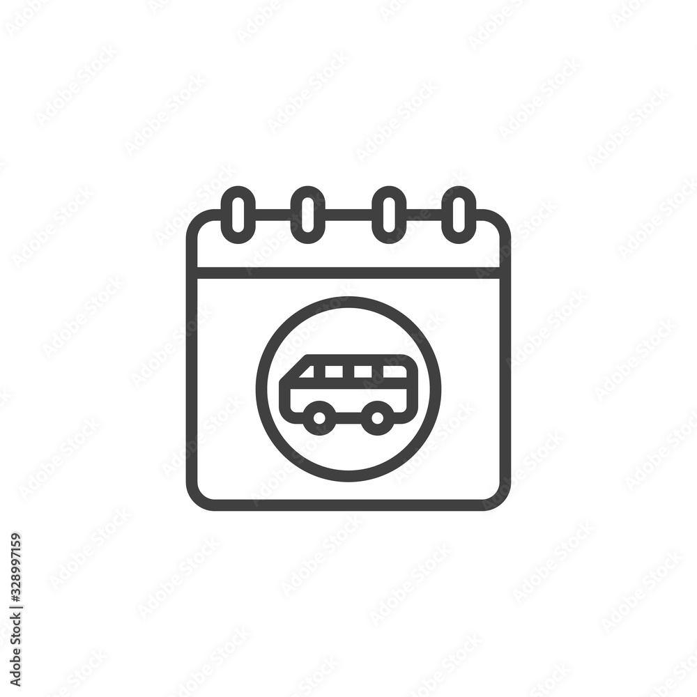 Bus trip date page line icon. Calendar with bus linear style sign for mobile concept and web design. Travel reminder calendar outline vector icon. Symbol, logo illustration. Vector graphics Bus trip date page line icon. Calendar with bus linear style sign for mobile concept and web design. Travel reminder calendar outline vector icon. Symbol, logo illustration. Vector graphics