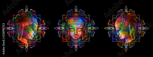 Photos Heads of the Lord Buddha in full face and profile on a multicolor psychedelic background