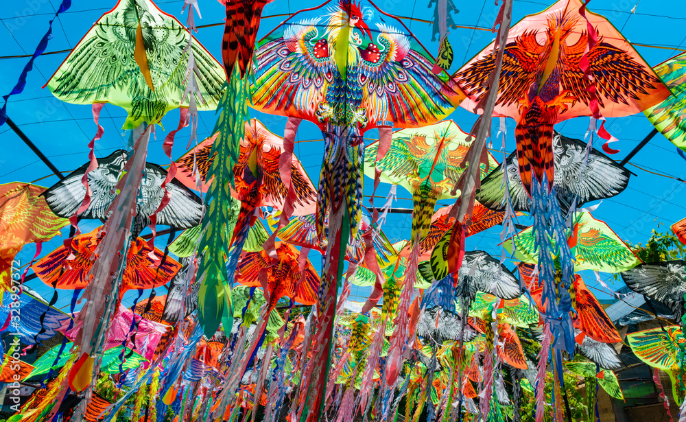 Hanoi, Vietnam - 22nd June 2019: Colorful chinese kites in Hanoi, Vietnam.