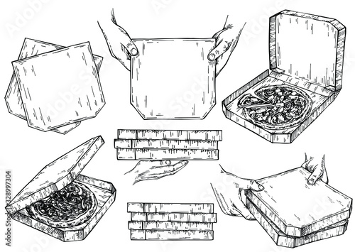 Hand drawn ink set of pizza boxes. Courier holding cardboard boxes with pizza in hand . Sketch Open pizza box. Hand drawn Pizza in cardboard box. Delivery vintage ink illustration