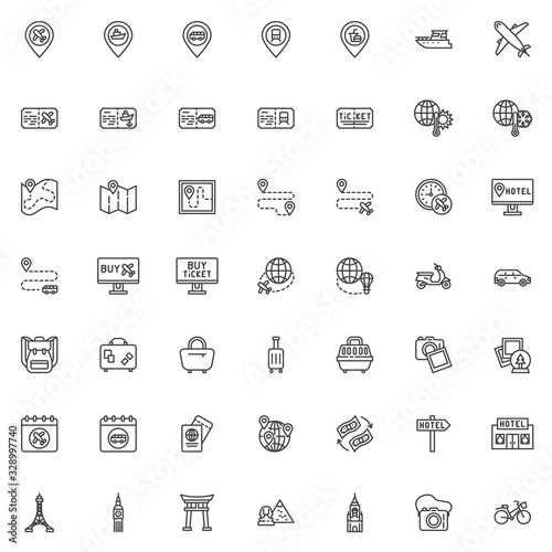 Travel planning line icons set. linear style symbols collection, travel places outline signs pack. vector graphics. Set includes icons as map location pin, trip route, airline ticket, train station