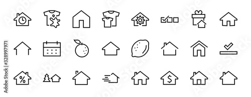 Simple set of line vector home icons. Contains house symbols at interest, infuse house and more. Editable stroke. 480x480 pixels perfect
