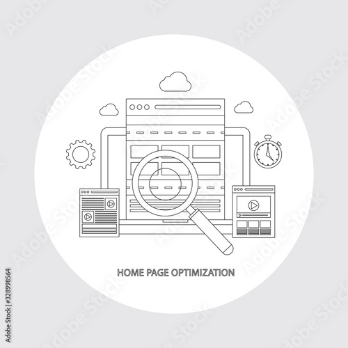 Website homepage optimization, homepage setup, SEO optimized pages flat vector concept