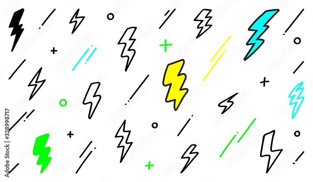 Lightning bolt icons set. Thunder hand drawn doodle. Vector illustration Lightning bolt icons set. Thunder hand drawn doodle. Vector illustration