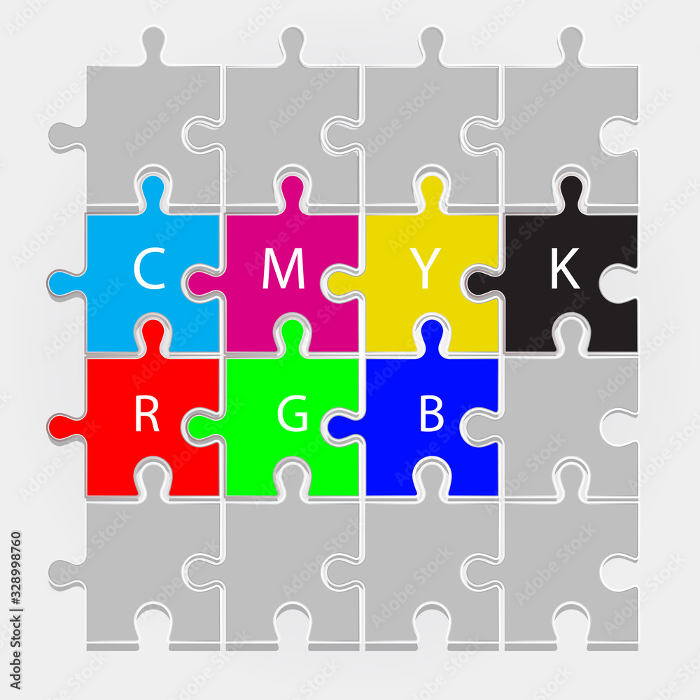 The color scheme CMYK and rgb depicted in four puzzles. Quality vector. The color scheme CMYK and rgb depicted in four puzzles. Quality vector.