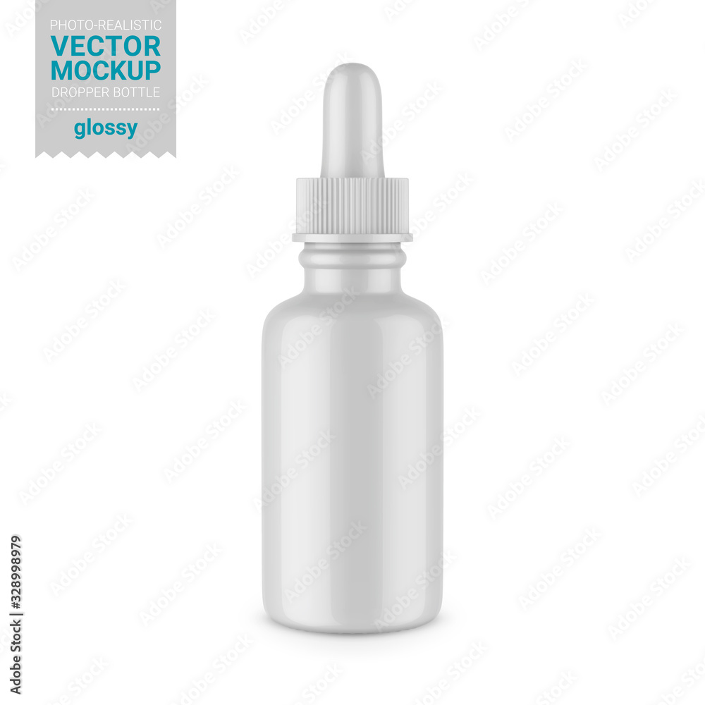Glossy white dropper bottle mockup. Vector illustration. Glossy white dropper bottle mockup. Vector illustration.