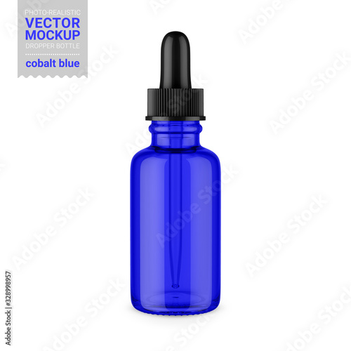 Blue glass dropper bottle mockup. Vector illustration.