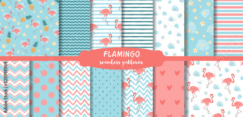 Pink Flamingo seamless patterns set Cute summer tropical background. Geometric pink blue print collection. Vector.