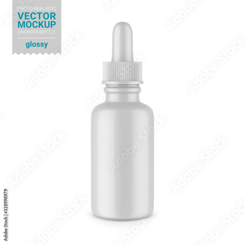 Glossy white dropper bottle mockup. Vector illustration.