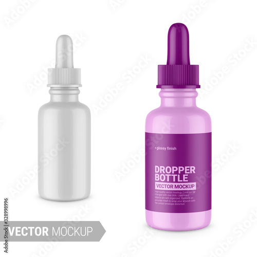 Glossy white dropper bottle mockup. Vector illustration.