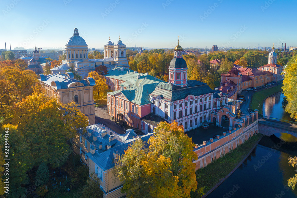 Alexander Nevsky Lavra in the golden autumn (aerial photography). Saint-Petersburg, Russia