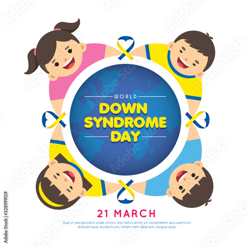 21 march - World Down Syndrome Day. Cartoon boy & girl hand in hand with down syndrome children. Down Syndrome Awareness vector illustration.