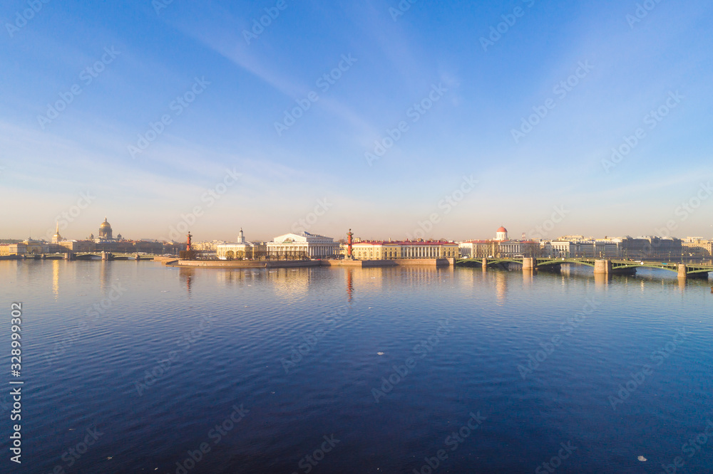 Panorama of the arrow of Vasilievsky Island on an April morning (shooting from a quadrocopter). Saint-Petersburg, Russia
