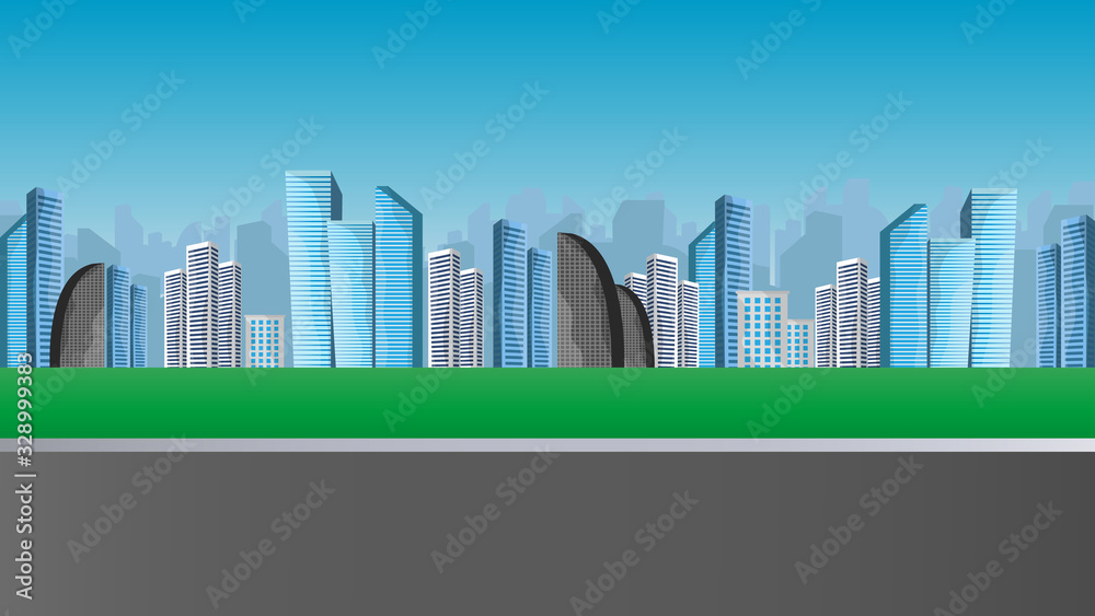 Cityscape with large modern buildings. Street, highway. The concept of the city. Vector illustration.