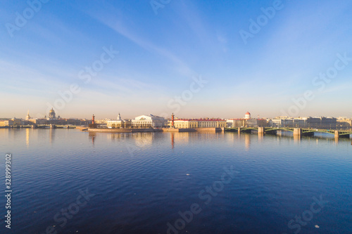 Panorama of the arrow of Vasilievsky Island on an April morning (shooting from a quadrocopter). Saint-Petersburg, Russia