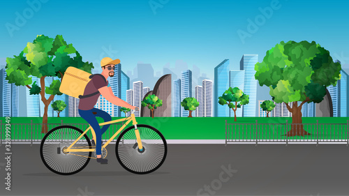 Food delivery by bike. The guy on a bicycle rides in the park. Bicycle delivery concept. Vector stock illustration.