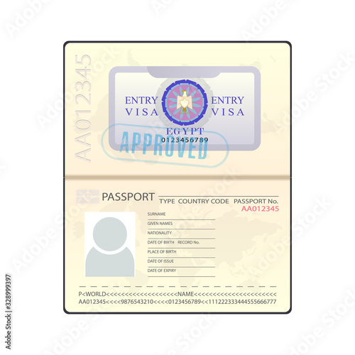Vector illustration of a passport with an approved Egypt visa. Egypt visa isolated on white background. Approved. Design element on the theme of tourism in Egypt. Vector illustration