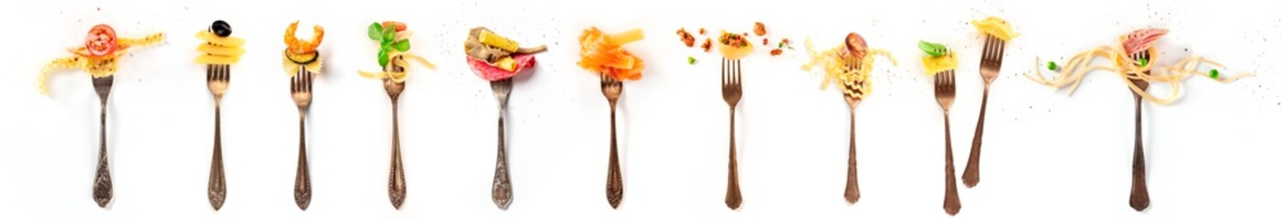 Italian food collage. Pasta design elements. Many forks with pasta and various addings, shot from the top on a white background