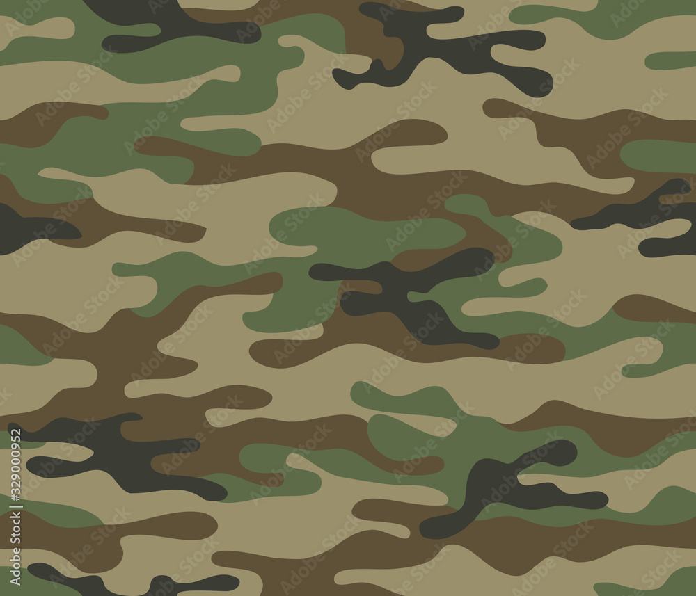 Camouflage seamless pattern. Trendy style camo, repeat print. Vector illustration. Khaki texture, military army green hunting print